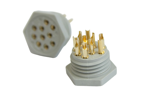 Plastic 10 pin socket, measurement accross flats 14mm, accross point dimension 17mm. Depth from sock