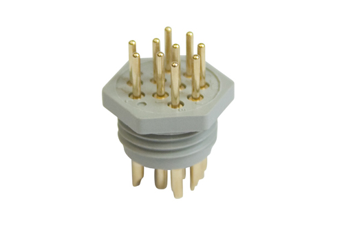 Plastic 10 pin plug, measurement accross flats 14mm, accross point dimension 17mm. Depth from f